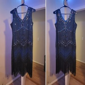 Light In The Box 1920 Flapper Dress. Blue with Black Iridescent Beads Size XL